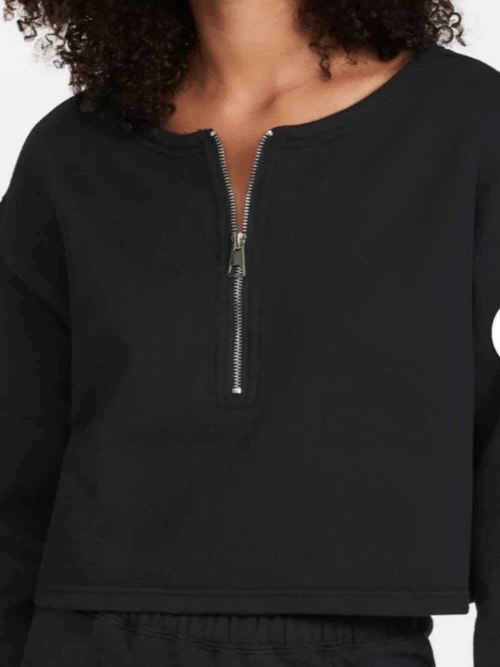 Good American Black Collarless Half Zip Cropped Sweatshirt Size 1